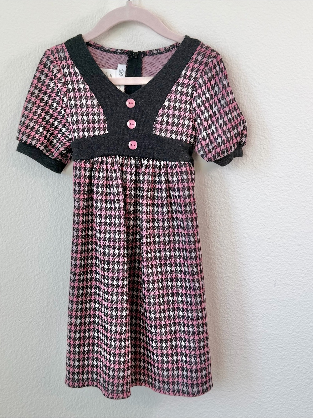 BONNIE JEAN Houndstooth Knit Dress Puff Sleeve Pink Grey School 4 - Picture 2 of 6